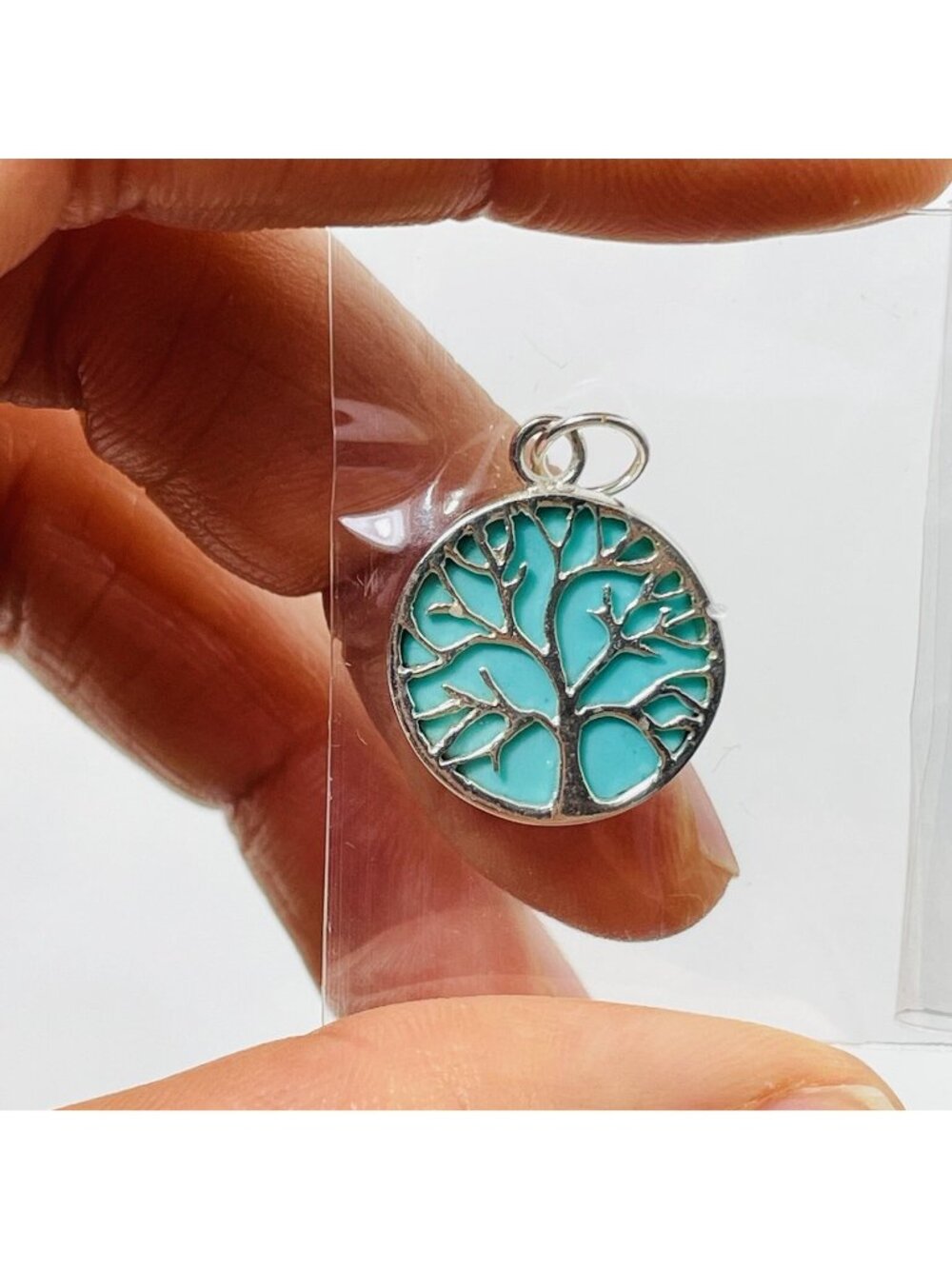 Tree Of Life Blue Pendant 925 Silver Shell Round Textured Crafted Boho Hippie